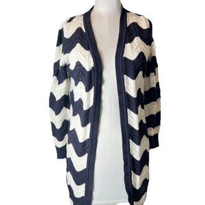 Cozy Crochet Open Long Cardigan Navy And White‎ Women’s Medium Retro Boho